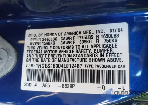 2004 Honda Civic Vp из США, поврежденный, VIN 1HGES16304L012467